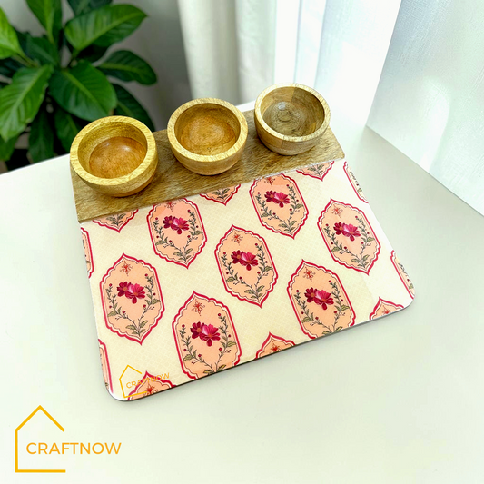 Wooden Serving Platter with 3 Bowls
