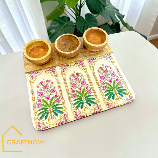 Wooden Serving Platter with 3 Bowls