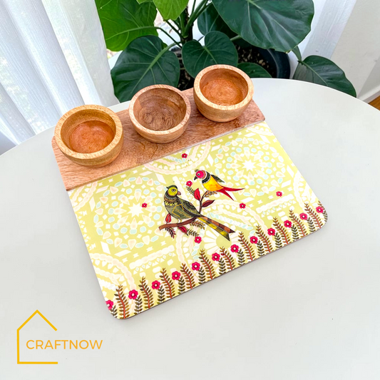 Wooden Serving Platter with 3 Bowls