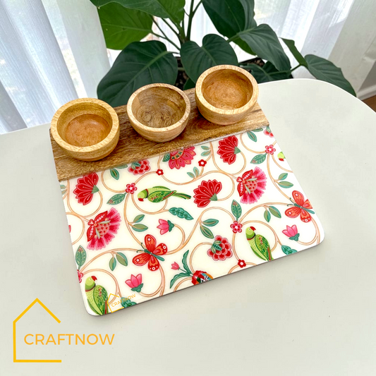 Wooden Serving Platter with 3 Bowls