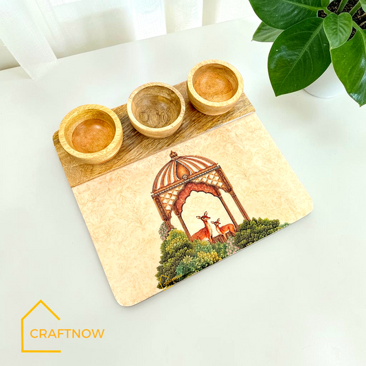 Wooden Serving Platter with 3 Bowls
