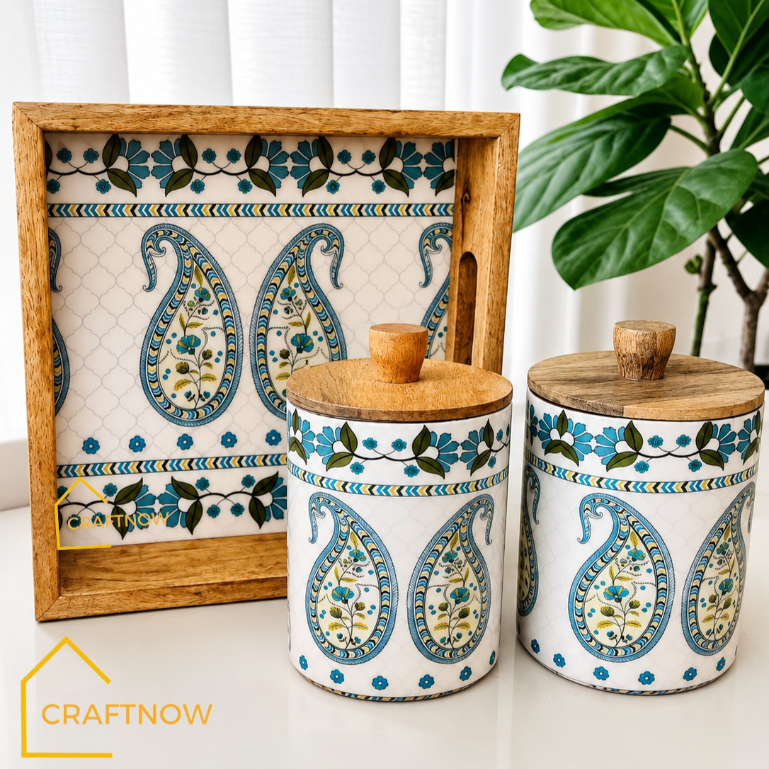 Premium Wooden Air Tight Jar Set of 2 with Wooden Tray