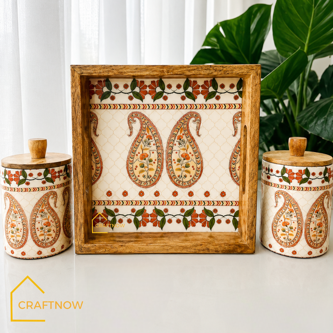 Premium Wooden Air Tight Jar Set of 2 with Wooden Tray