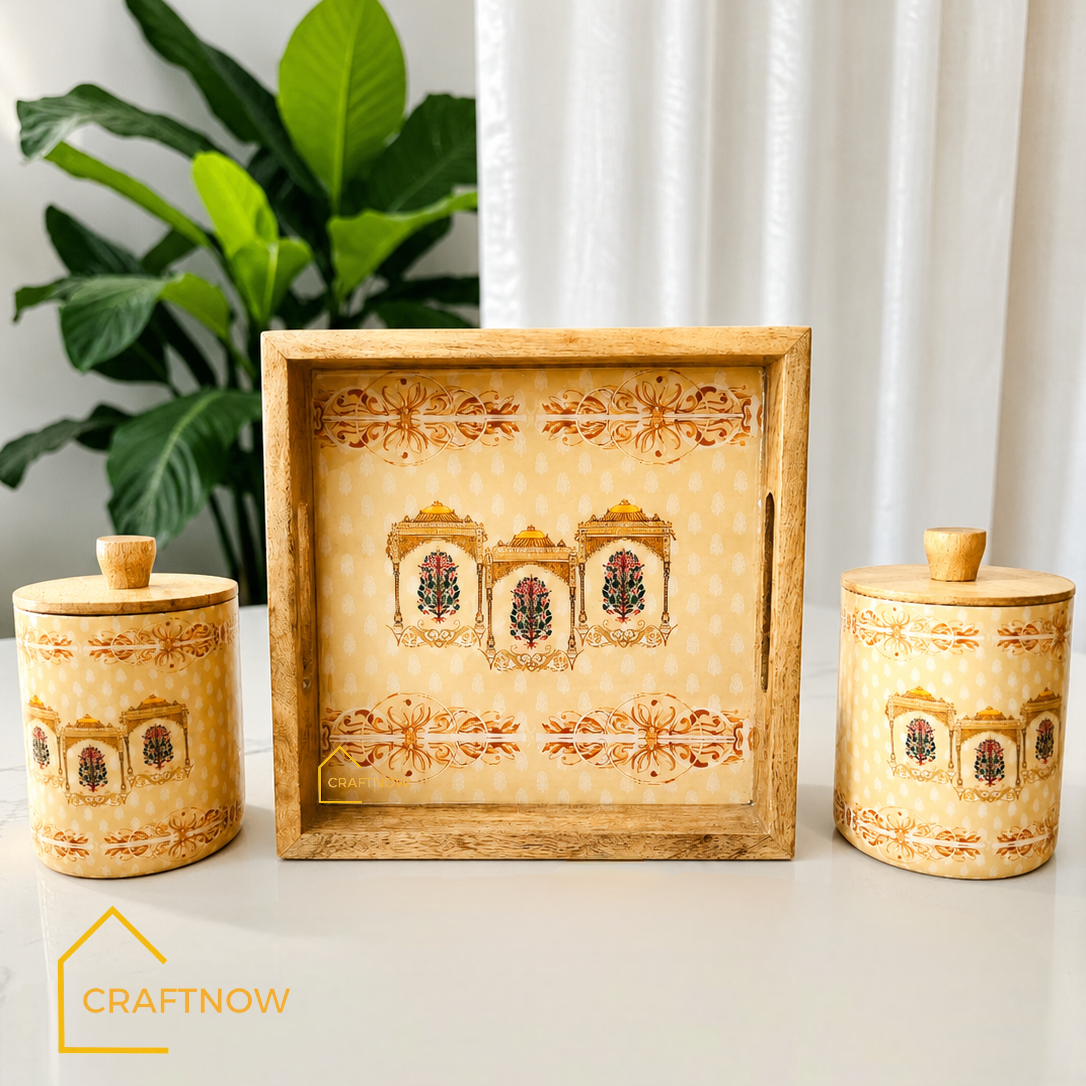 Premium Wooden Air Tight Jar Set of 2 with Wooden Tray