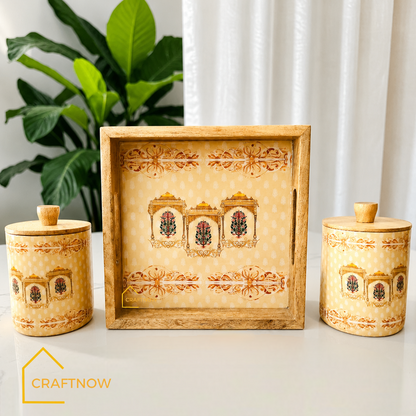 Premium Wooden Air Tight Jar Set of 2 with Wooden Tray