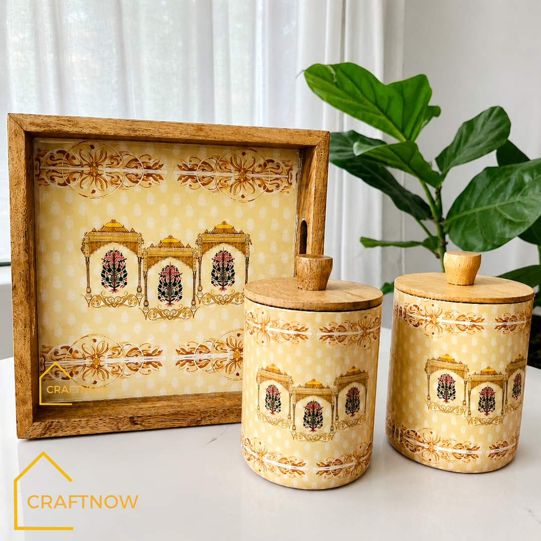 Premium Wooden Air Tight Jar Set of 2 with Wooden Tray