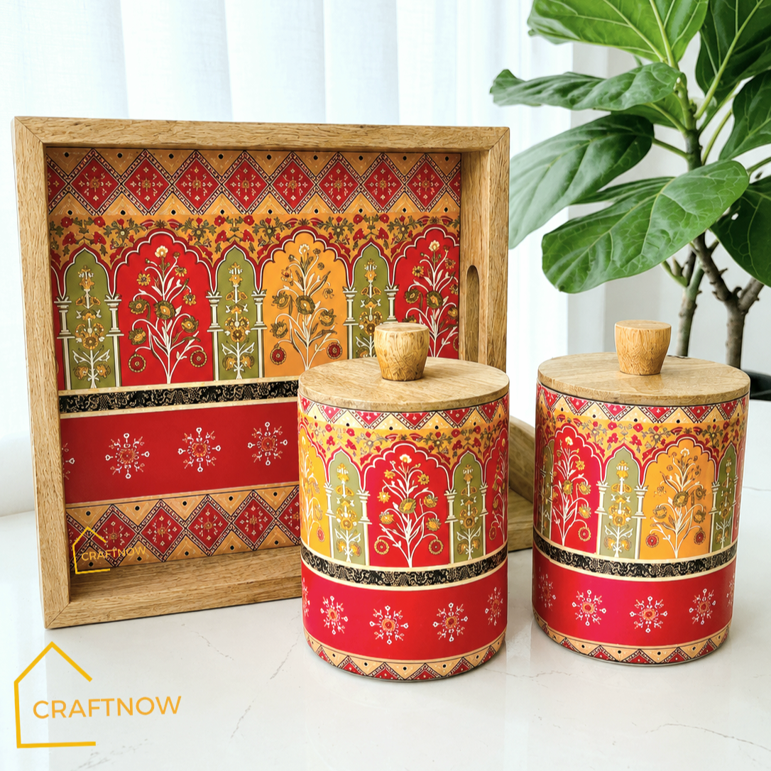 Premium Wooden Air Tight Jar Set of 2 with Wooden Tray