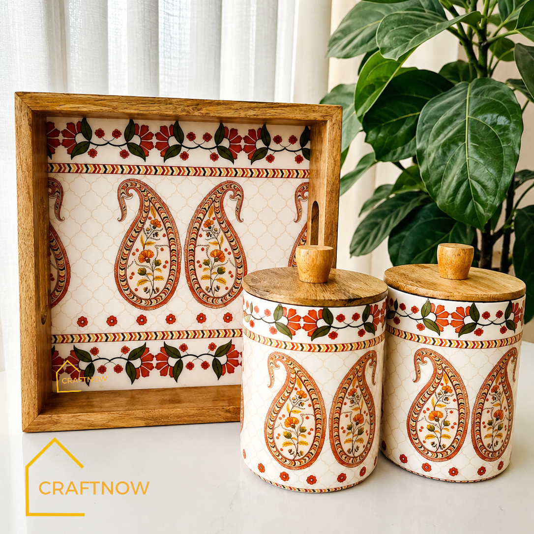 Premium Wooden Air Tight Jar Set of 2 with Wooden Tray