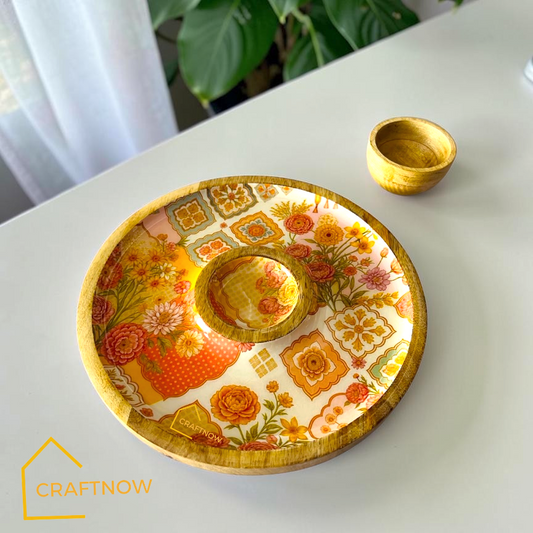 Wooden Serving Chip & Dip Platter with a Bowl