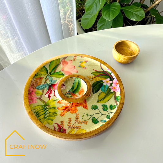 Wooden Serving Chip & Dip Platter with a Bowl