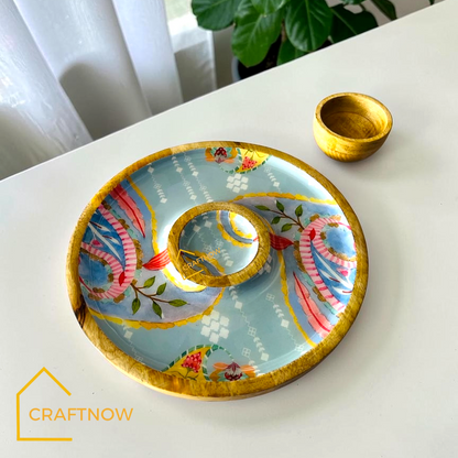 Wooden Serving Chip & Dip Platter with a Bowl