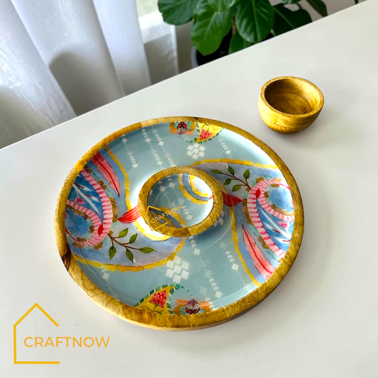 Wooden Serving Chip & Dip Platter with a Bowl