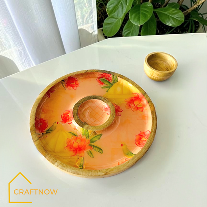 Wooden Serving Chip & Dip Platter with a Bowl