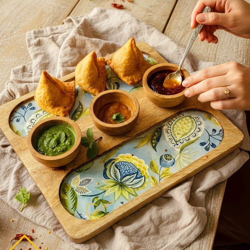 Wooden Serving 2 Sided Platter with 3 Dip Bowls