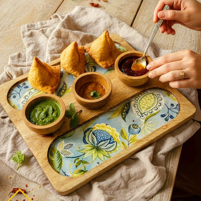 Wooden Serving 2 Sided Platter with 3 Dip Bowls