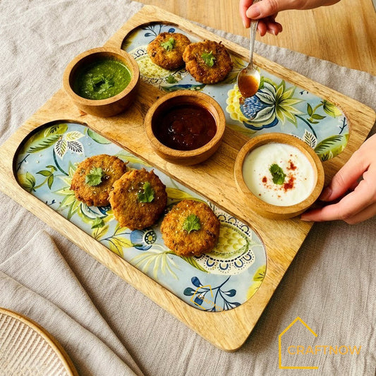 Wooden Serving 2 Sided Platter with 3 Dip Bowls