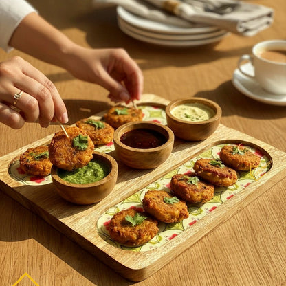 Wooden Serving 2 Sided Platter with 3 Dip Bowls