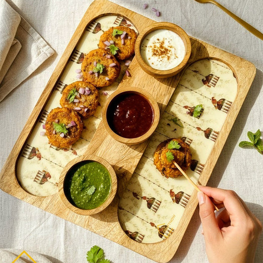 Wooden Serving 2 Sided Platter with 3 Dip Bowls