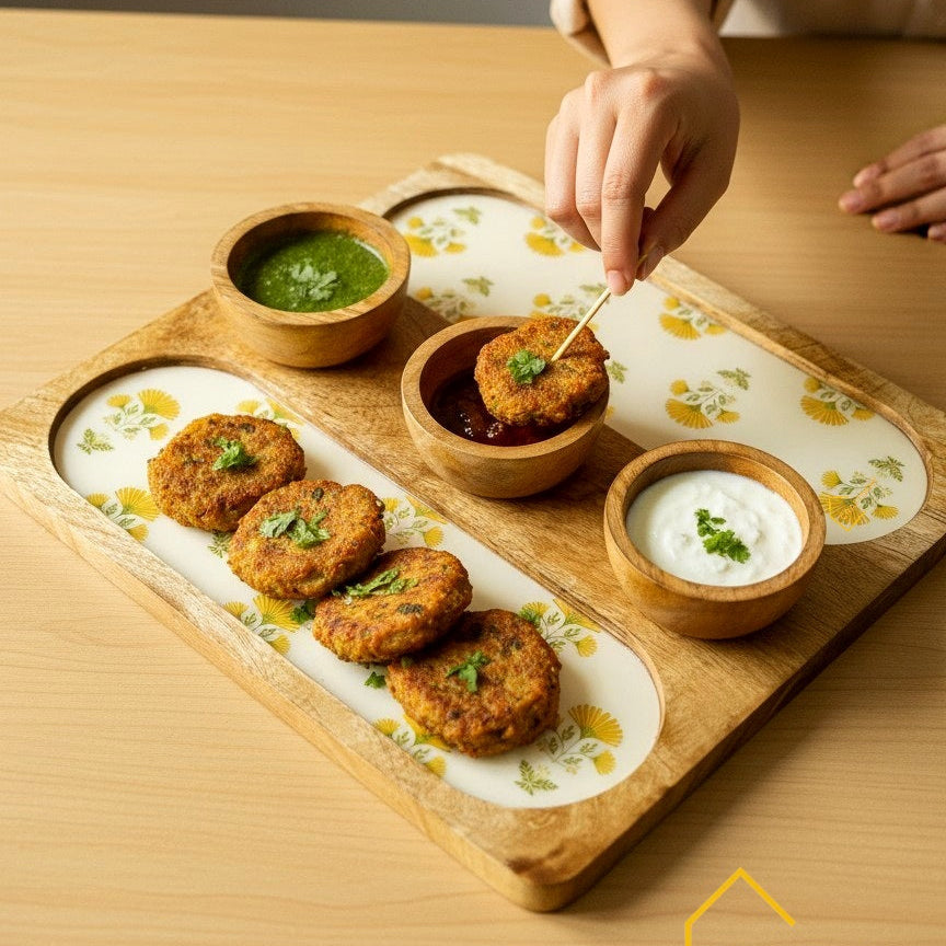 Wooden Serving 2 Sided Platter with 3 Dip Bowls