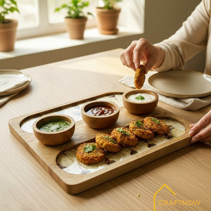 Wooden Serving 2 Sided Platter with 3 Dip Bowls