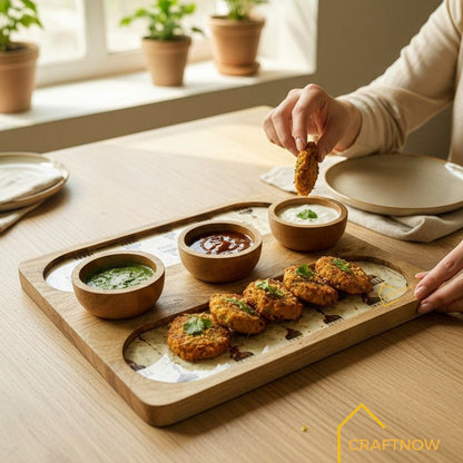 Wooden Serving 2 Sided Platter with 3 Dip Bowls