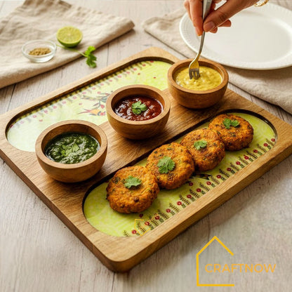 Wooden Serving 2 Sided Platter with 3 Dip Bowls