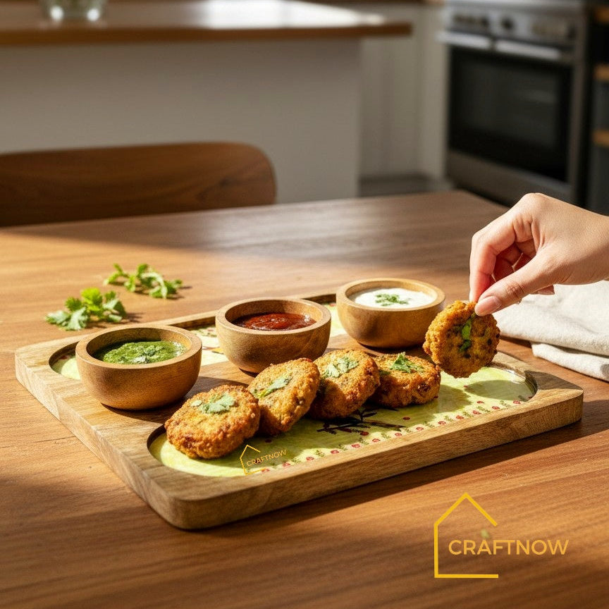 Wooden Serving 2 Sided Platter with 3 Dip Bowls