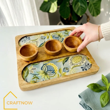Wooden Serving 2 Sided Platter with 3 Dip Bowls