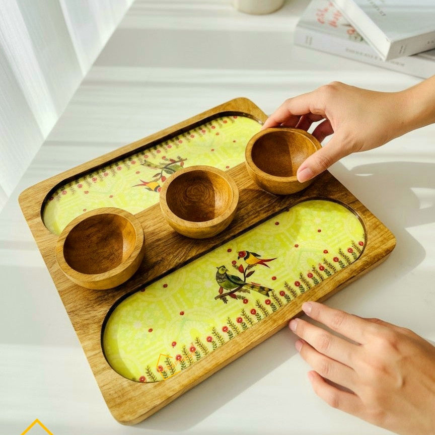 Wooden Serving 2 Sided Platter with 3 Dip Bowls
