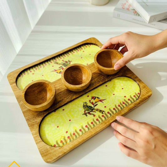 Wooden Serving 2 Sided Platter with 3 Dip Bowls