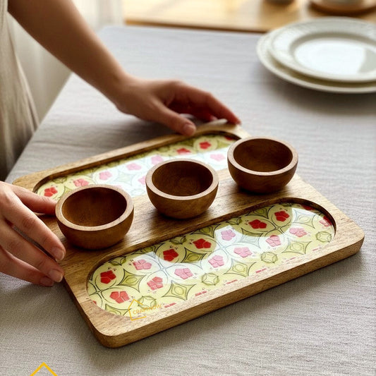 Wooden Serving 2 Sided Platter with 3 Dip Bowls