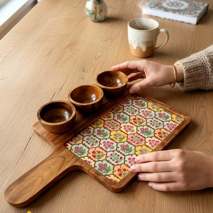 Wooden Serving Platter with 3 Bowls