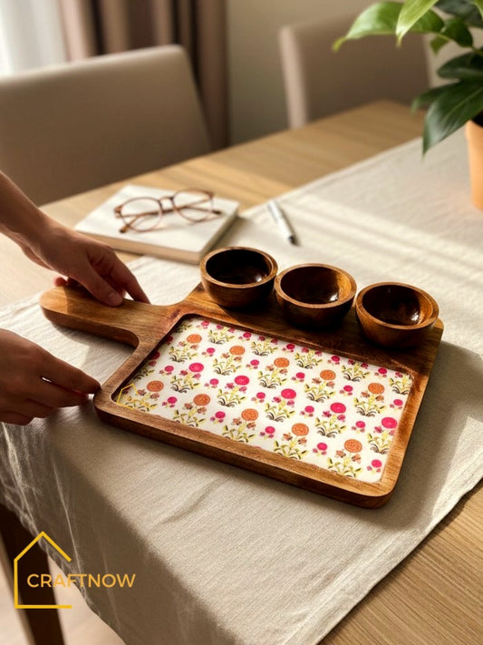 Wooden Serving Platter with 3 Bowls