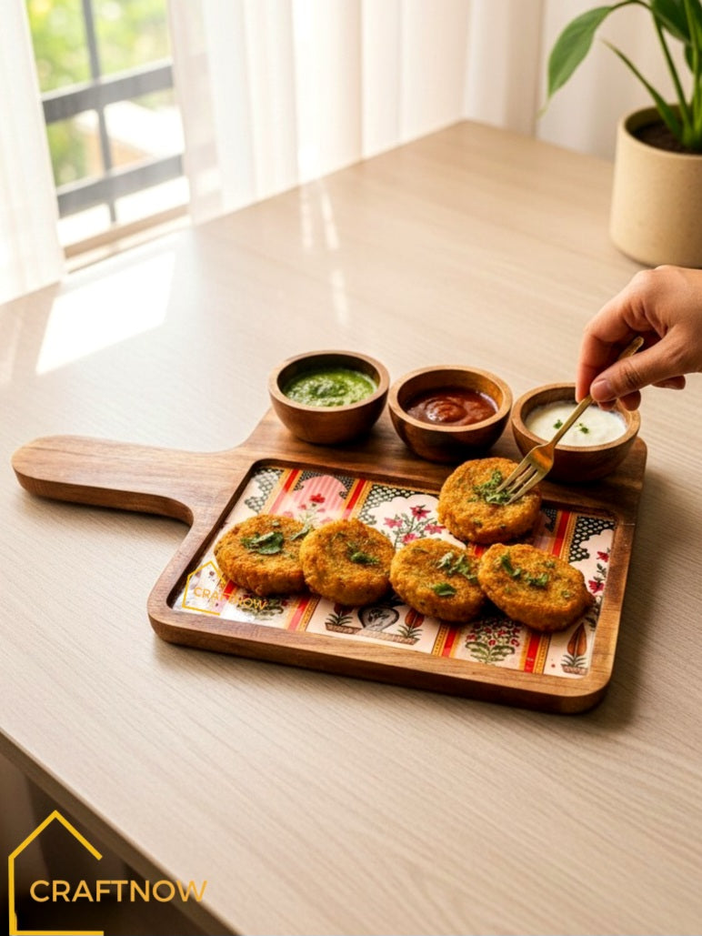 Wooden Serving Platter with 3 Bowls