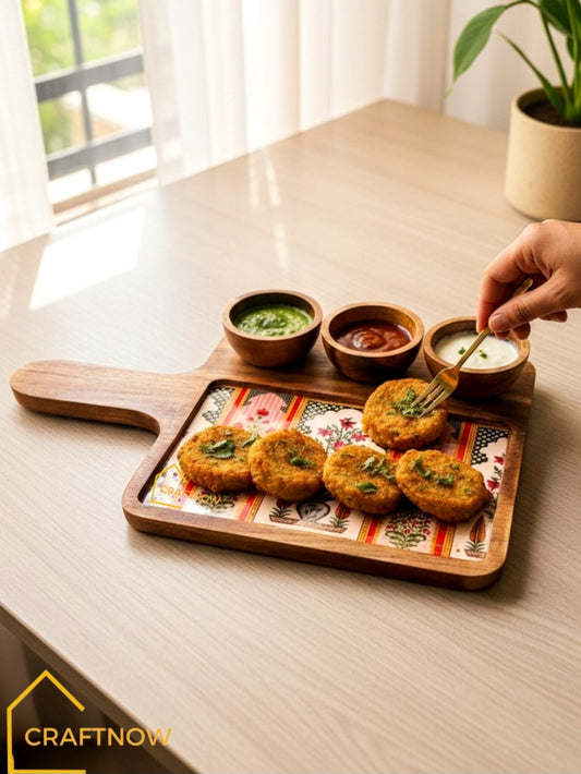 Wooden Serving Platter with 3 Bowls