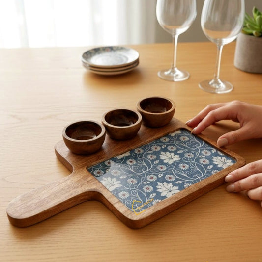Wooden Serving Platter with 3 Bowls