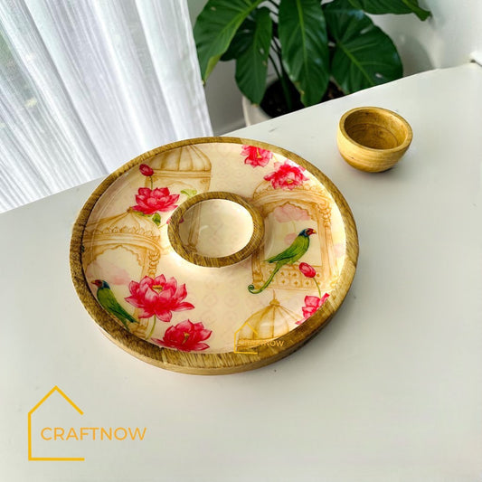 Wooden Serving Chip & Dip Platter with a Bowl