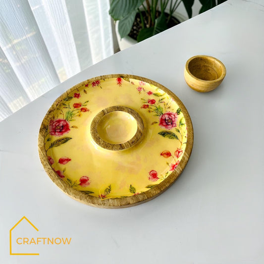 Wooden Serving Chip & Dip Platter with a Bowl