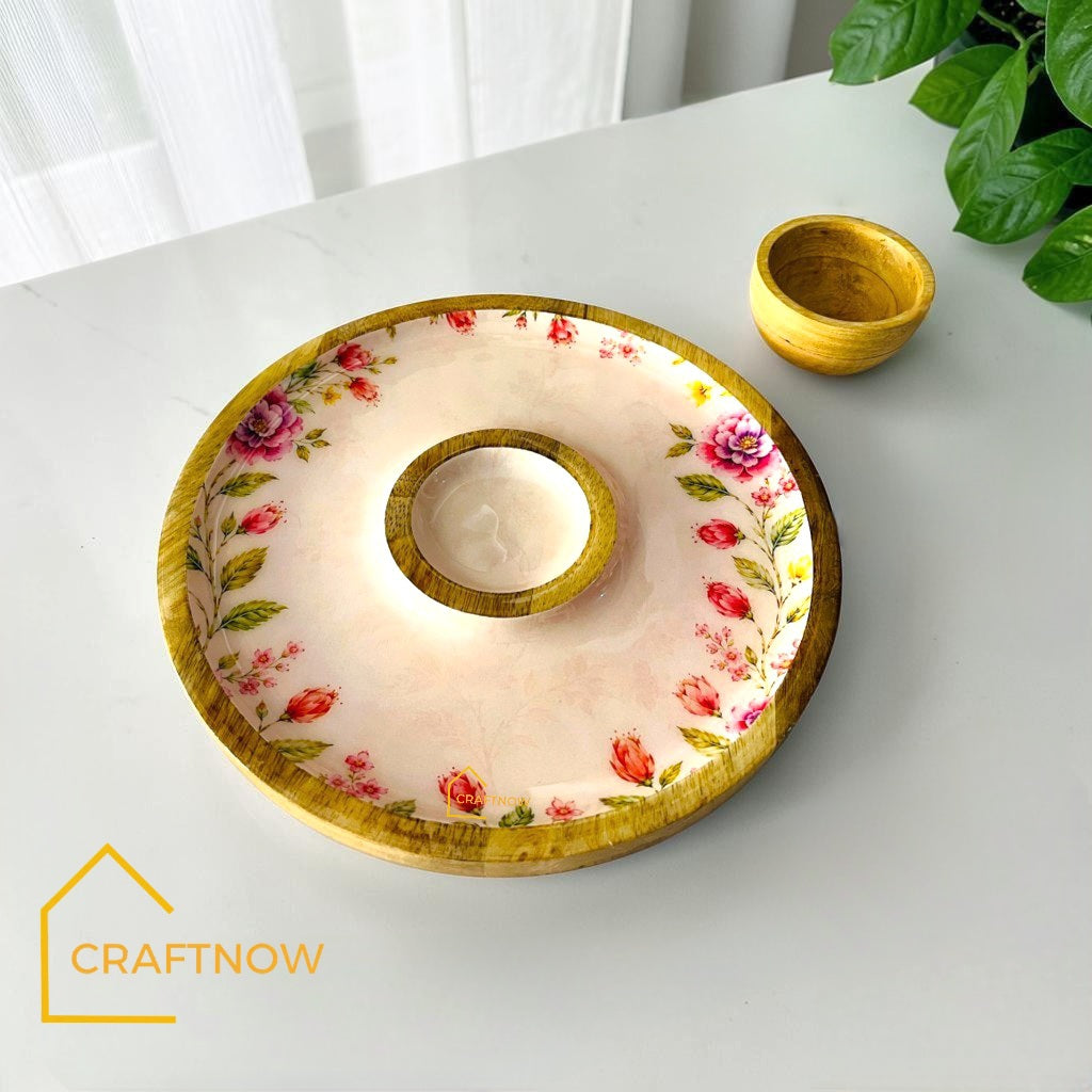Wooden Serving Chip & Dip Platter with a Bowl