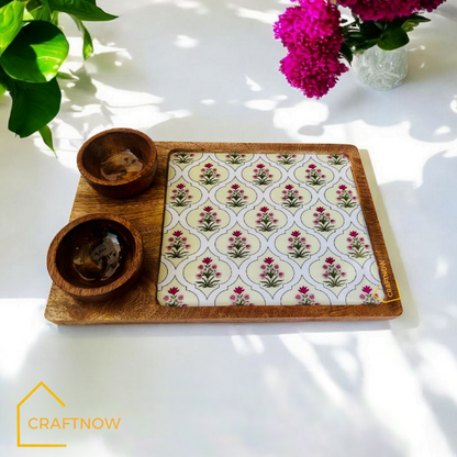 Wooden Serving Platter with 2 Bowls