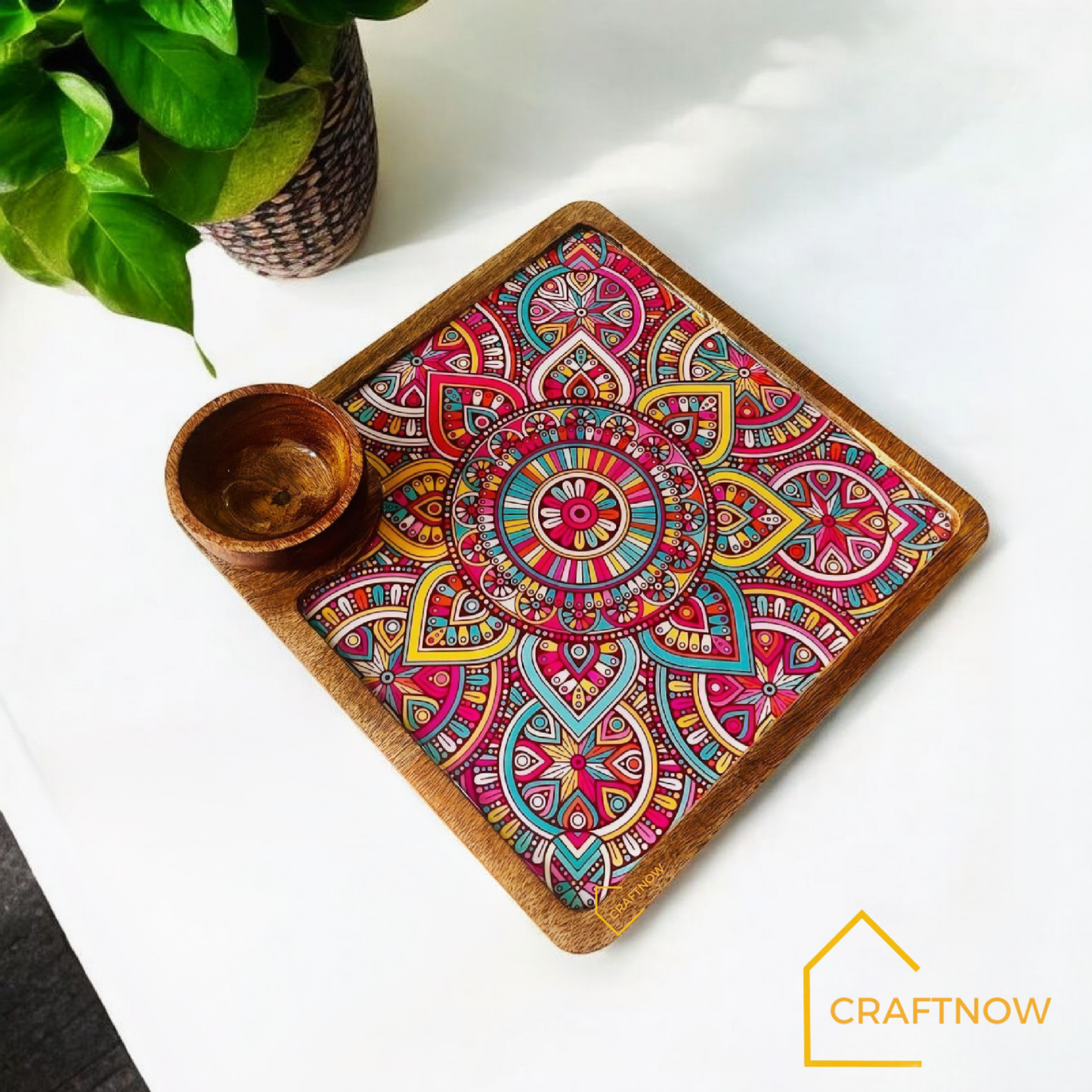 Wooden Serving Platter with a Bowl