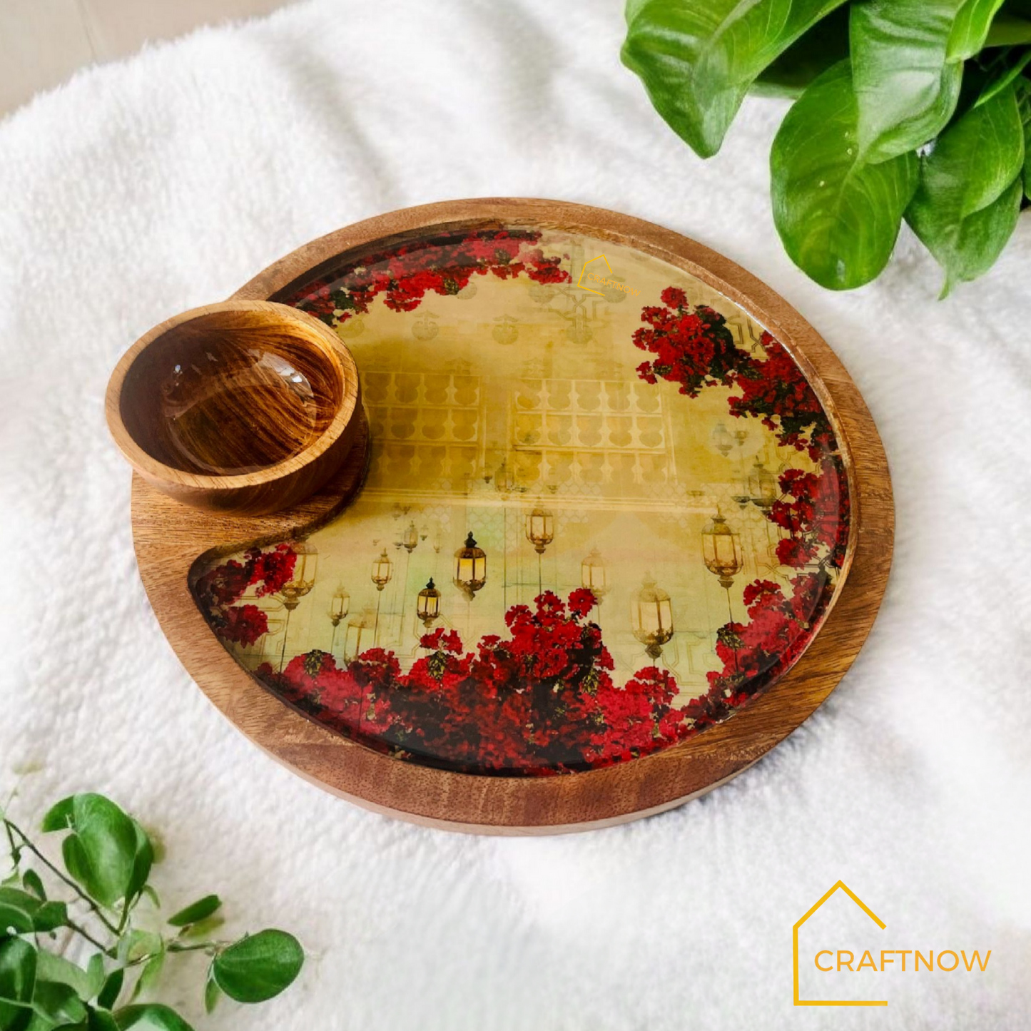 Wooden Serving Platter with a Bowl