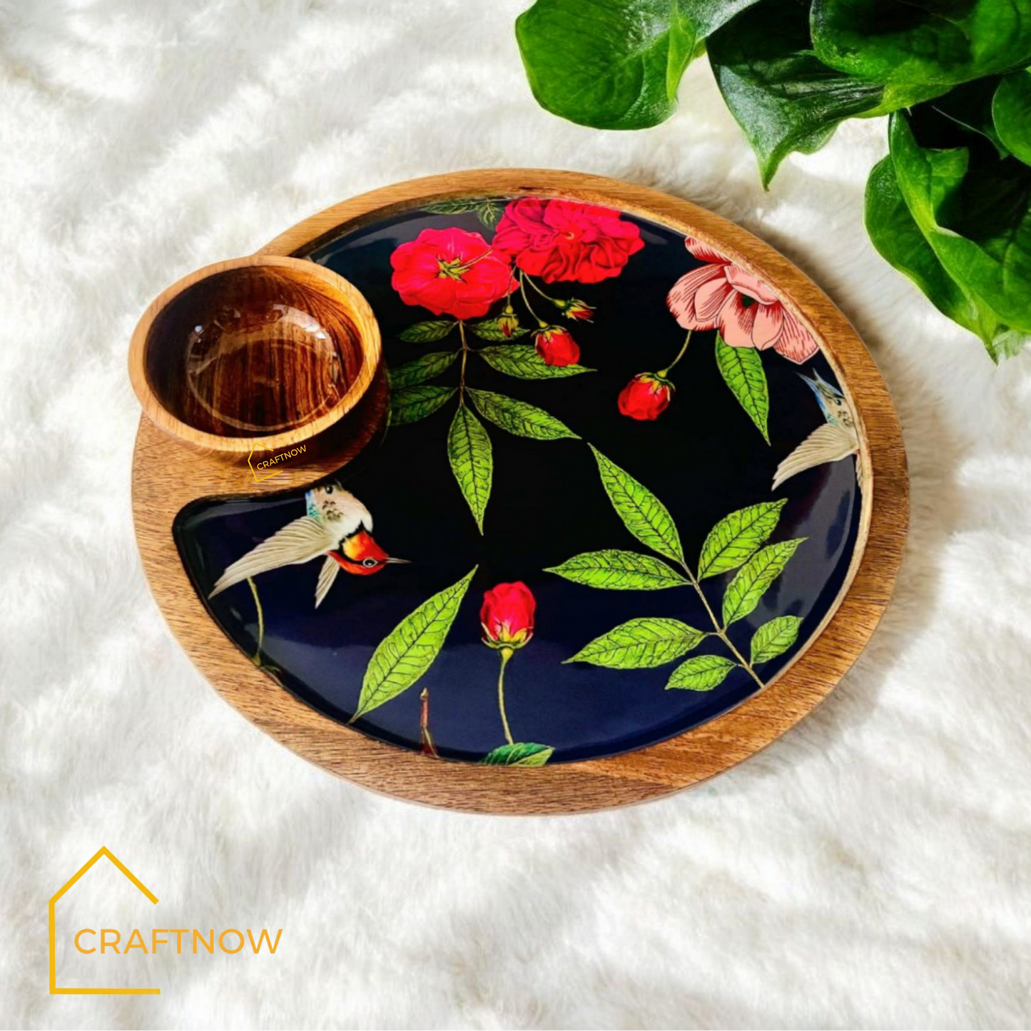 Wooden Serving Platter with a Bowl
