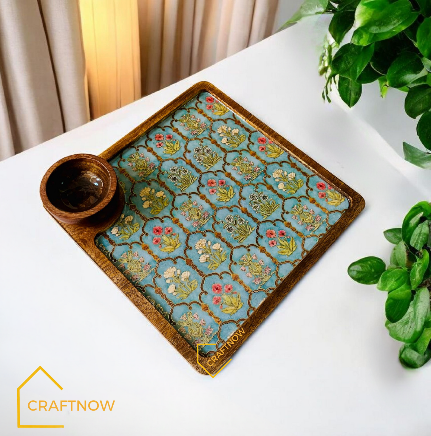 Wooden Serving Platter with a Bowl
