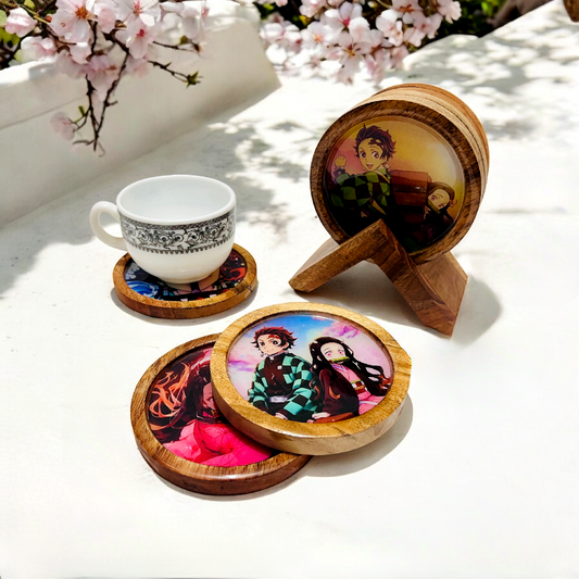 Premium Wooden Coasters Set of 4 with Holder