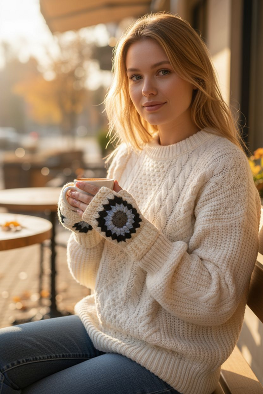 Set of Cozy Granny Square Gloves and Mufflar