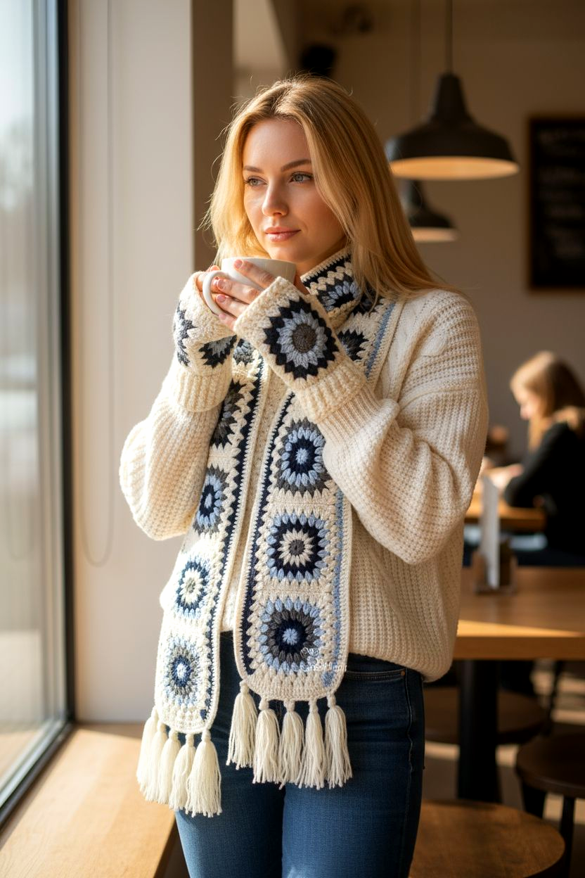 Set of Cozy Granny Square Gloves and Mufflar