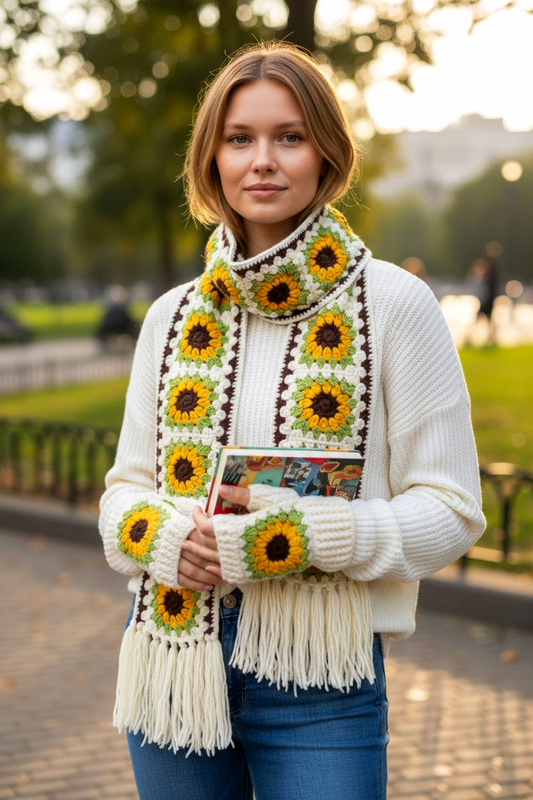 Set of Cozy Granny Square Gloves and Mufflar