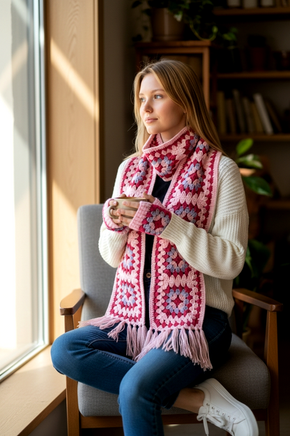 Set of Cozy Granny Square Gloves and Mufflar