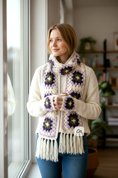 Set of Cozy Granny Square Gloves and Mufflar